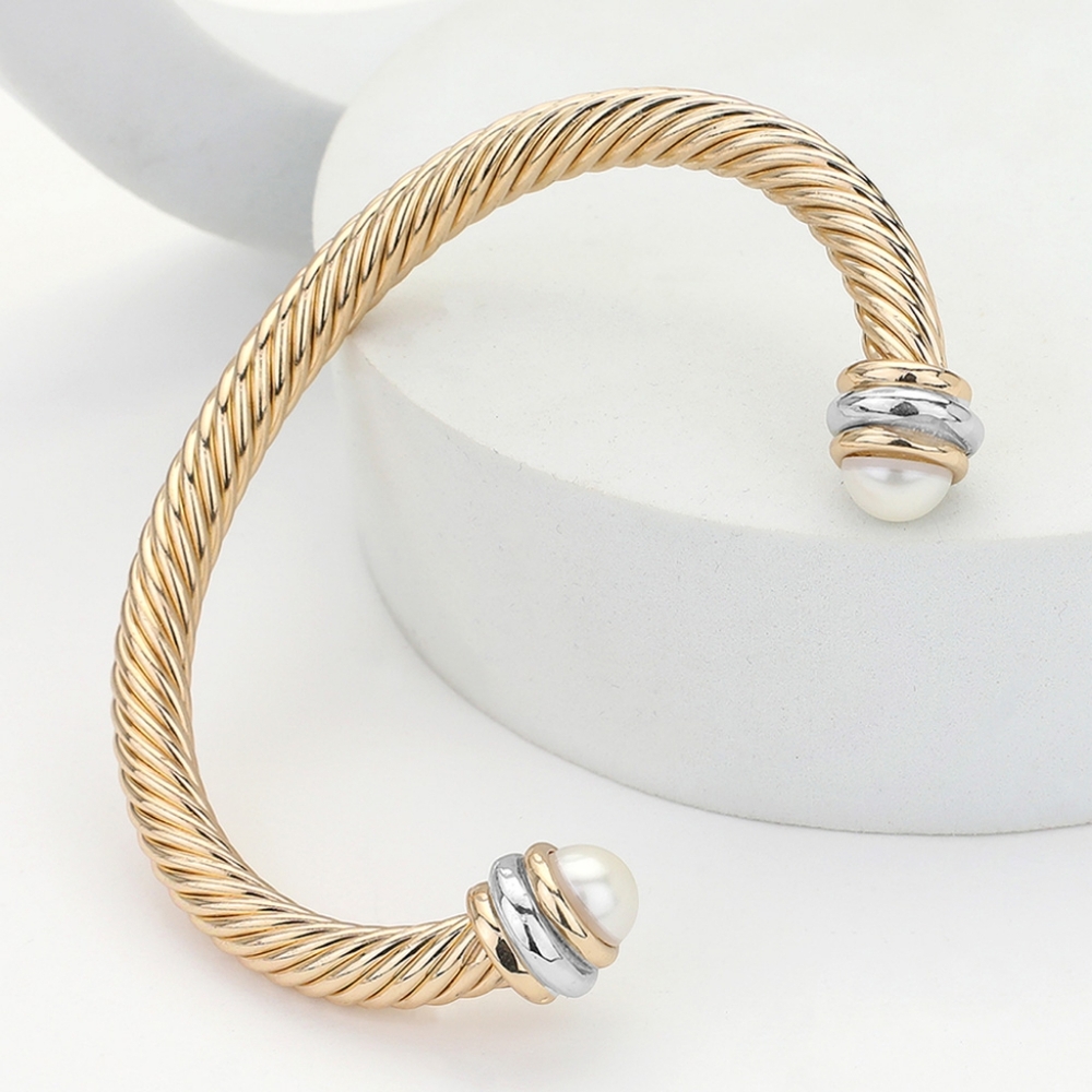 Gold Cream Pearl Tip Twist Rope Cable Cuff Bracelet Bangle Textured Metal